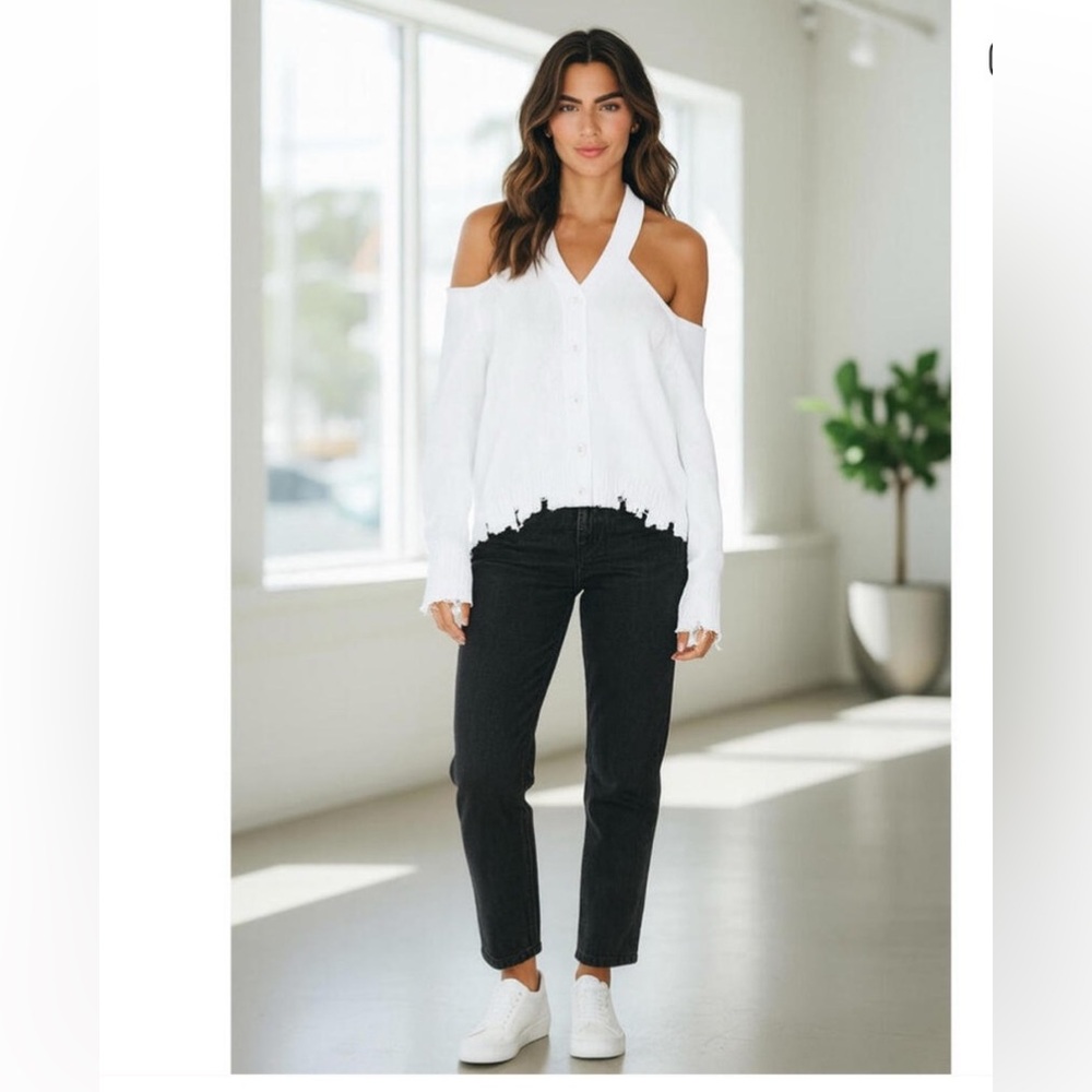Anthropologie X 525 America cold shoulder white button up distressed sweater M